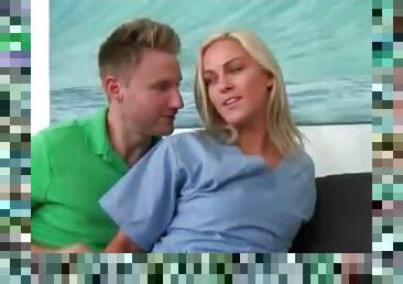 Blonde in surgical scrubs fucked on couch