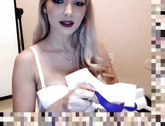 Blonde girl glass dildo