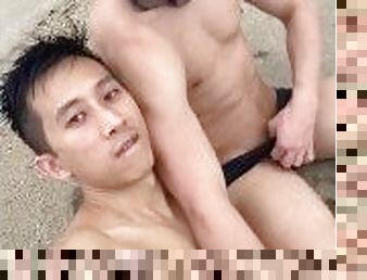 asian, dubur, interracial, homoseksual, pantai, bertiga, menusuk, nakal, ditangkap, orang-korea