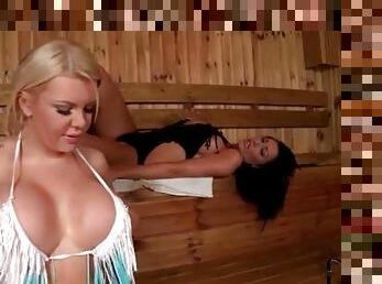 Sexy sluts in swimsuits get naughty in sauna