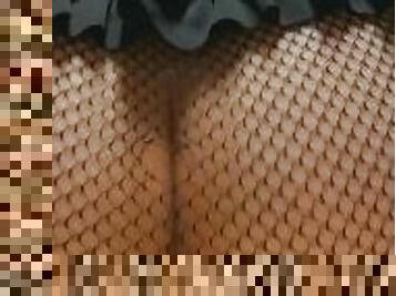 Fishnet girl with big ass rides toy