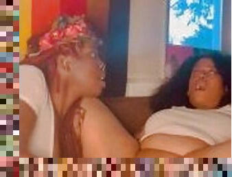Cute Ebony dildo fucks her curvy Latina girlfriend as her pussy is DRIPPING cum!