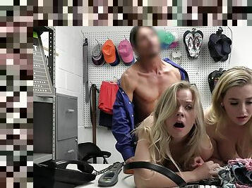 Energized blondes fucked by the store manager after catching them stealing
