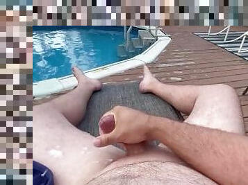Public pool side Stroke fat cock orgasm
