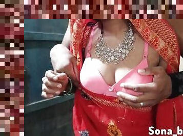 Indian Village wife sex with her husband wearing hot red saree and pink bra.
