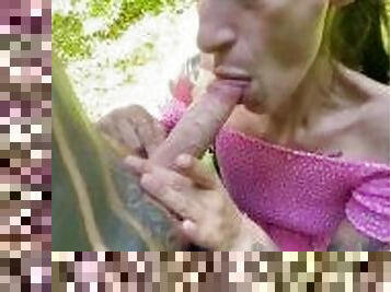 in the forest with a skinny brunette sucking my dick