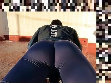 Fitness instructor in tight spandex gets erect while stretching (precum)