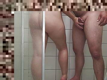 Giving a handjob to his best friend in the shower