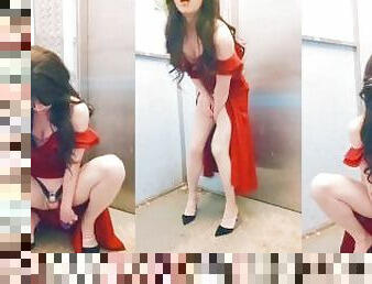 Chinese ladyboy gets orgasm in elevator with chastity lock